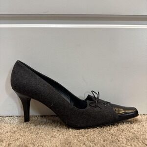 Stuart Weitzman Shoes Womens Size 7.5 Gray Wool Patent Cap Toe Lace Up Pumps